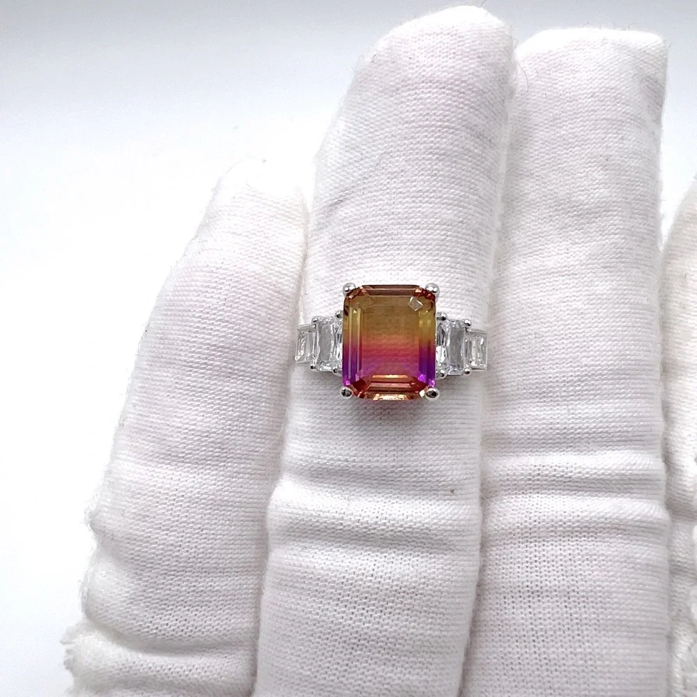 .925 Sterling Silver Padparadscha Sapphire Cz Ring - Picture 14 of 17